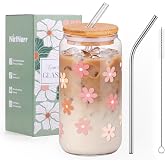 Cute Glass Cups with Lids and Straws, Daisy Flower Cup for Iced Coffee | 16 oz Matcha Cup Birthday Gifts for Women Aesthetic Tumbler for Coffee Lover Girls Teen Gifts Trendy Stuff Thanksgiving Gift