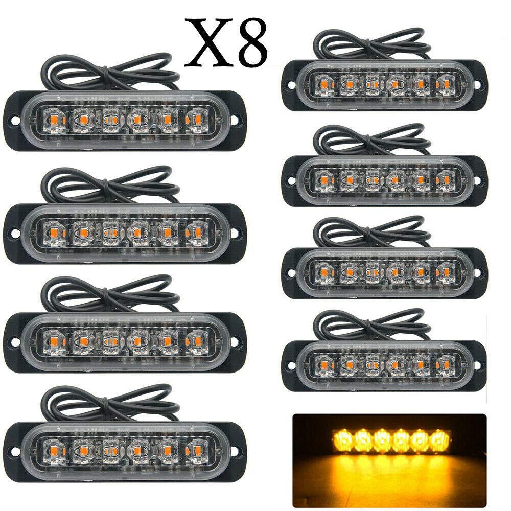 Riloer Emergency Strobe Lights for Trucks, 8PCS 6 LED Amber Flashing Lights, 12/24V Hazard Warning Beacon Lamps for Car, Trailer, Caravan, Camper, Van