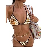 SOLY HUX Women's Cheeky Bikini Set Sequin Shiny Halter String Bathing Suit Boho Two Piece Swimsuits