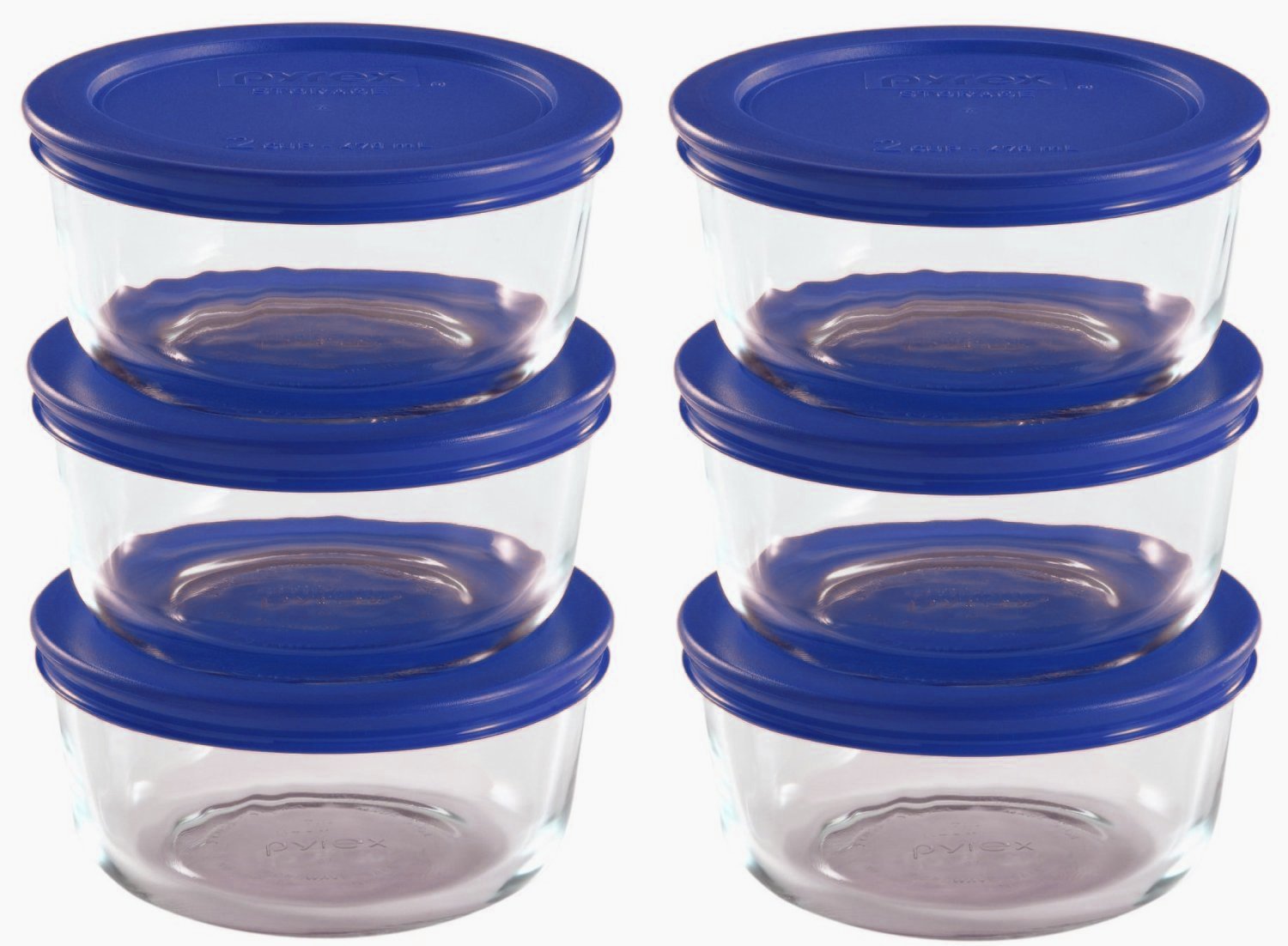 Pyrex Storage 2 Cup Round Dish, Clear with Blue Lid, Pack of 6