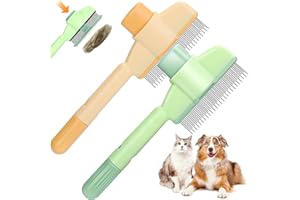Cat Brush & Dog Brush Self-Cleaning Pet Hair Removal Tool with Long & Short Stainless Steel Teeth, Flea Comb for Shedding, De
