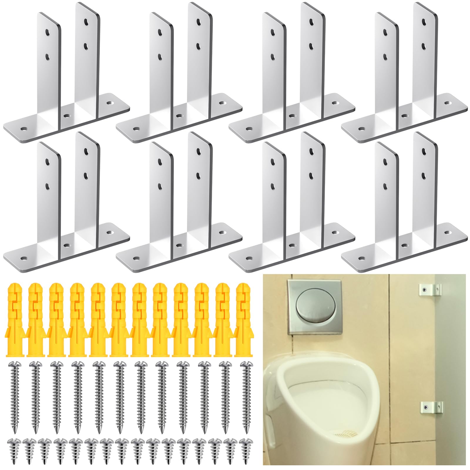 Photo 1 of Blulu 8 Pack rinal Screen Polished Chrome 2-ear Urinal Screen Brackets for 1 In. Panels with Fasteners Restroom Partition Hardware for New Installations or Repairs