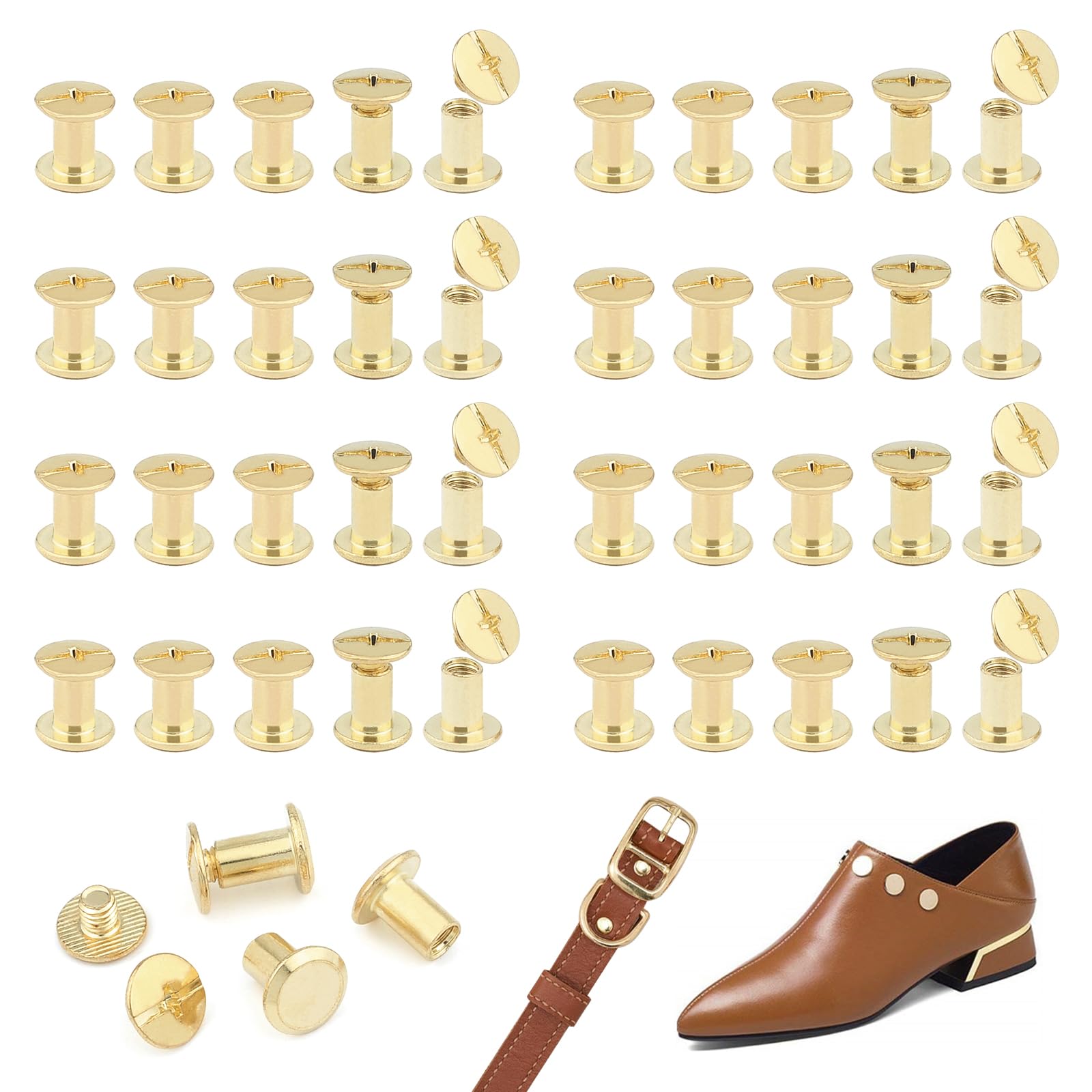 JJWNMLL 85 Set Chicago Screw Posts M5*8mm, Rivet Chicago Binding Screws, Metal Rivet Replacement Repair for Bags, Collar, Harness, Luggage, Purse, Dog Lead, Backpack, Belt - Golden