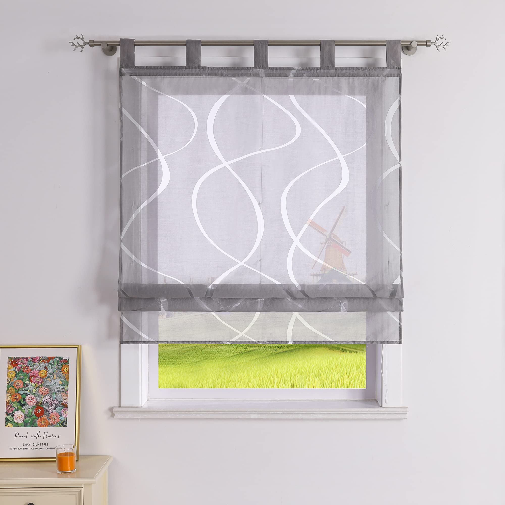 CORLIF Roman Blind Burnout Curtains Kitchen Roman Curtains Country House Transparent Loop Blind with Wave Pattern Short Curtain Modern Blinds with Loops Grey W x H 100 x 140 cm 1 Piece