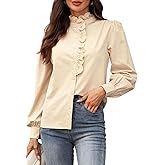 LOOKBOHO Women's Spring Shirts 2026 Long Sleeve Ruffle Collar Button Down Tops Dressy Casual Elegant Solid Retro Blouse