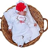 Newborn Girl Coming Home Outfit Monogrammed Floral Deer Antler Romper Sleeper with Beanie Baby Shower Gifts Coral Mint 0 to 3 Months