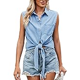 Perbai Womens Summer Button Down Tie Front Tops Collared V Neck Sleeveless Denim Chambray Shirt
