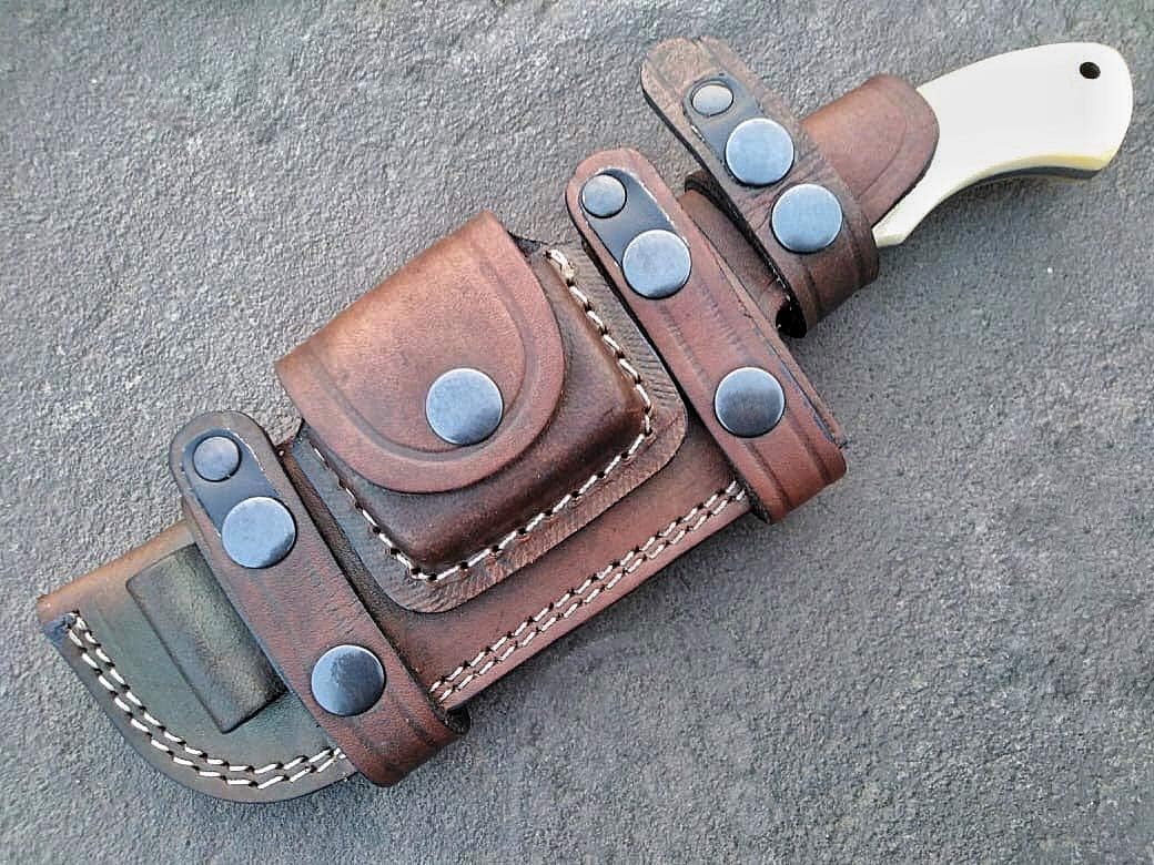 Ottoza Handmade Damascus Tracker Knife with Bone Handle - Survival Knife - Camping Knife - Damascus Steel Knife - Damascus Hunting Knife with Sheath Horizontal Carry Fixed Blade Knife No:115