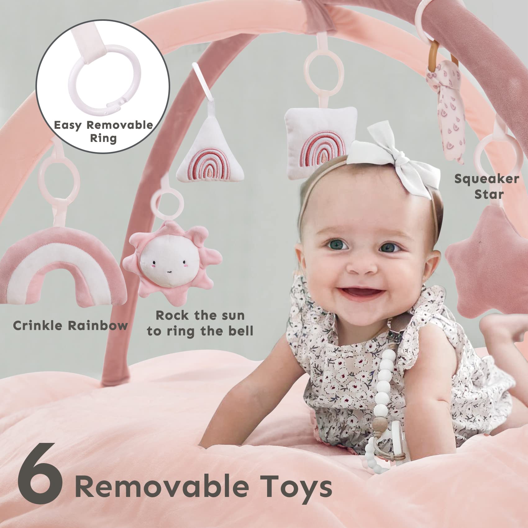 5-in-1 Thick & Plush Baby Play Gym, Baby Play Mats for Floor, Tummy Time Mat with 6 Toys, Convertible Stage-Based Developmental from Babies to Toddlers, Ball Pit, Pink