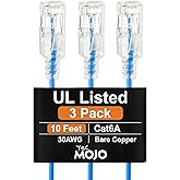 Tecmojo Ultra Slim Cat6A 10FT Ethernet Cable, 30AWG, 3-Pack, Blue | Ethernet Patch Cable, 100% Pure Copper, 10Gbps, UTP, PVC, Gold Plated RJ45 for Router, Server, PoE Devices
