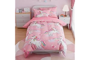 SANDJEST Unicorns Bedding Twin Set for Girls Kids Children, Ultra Soft Microfiber Comforter Set with 3-Pieces, Comforters Bed