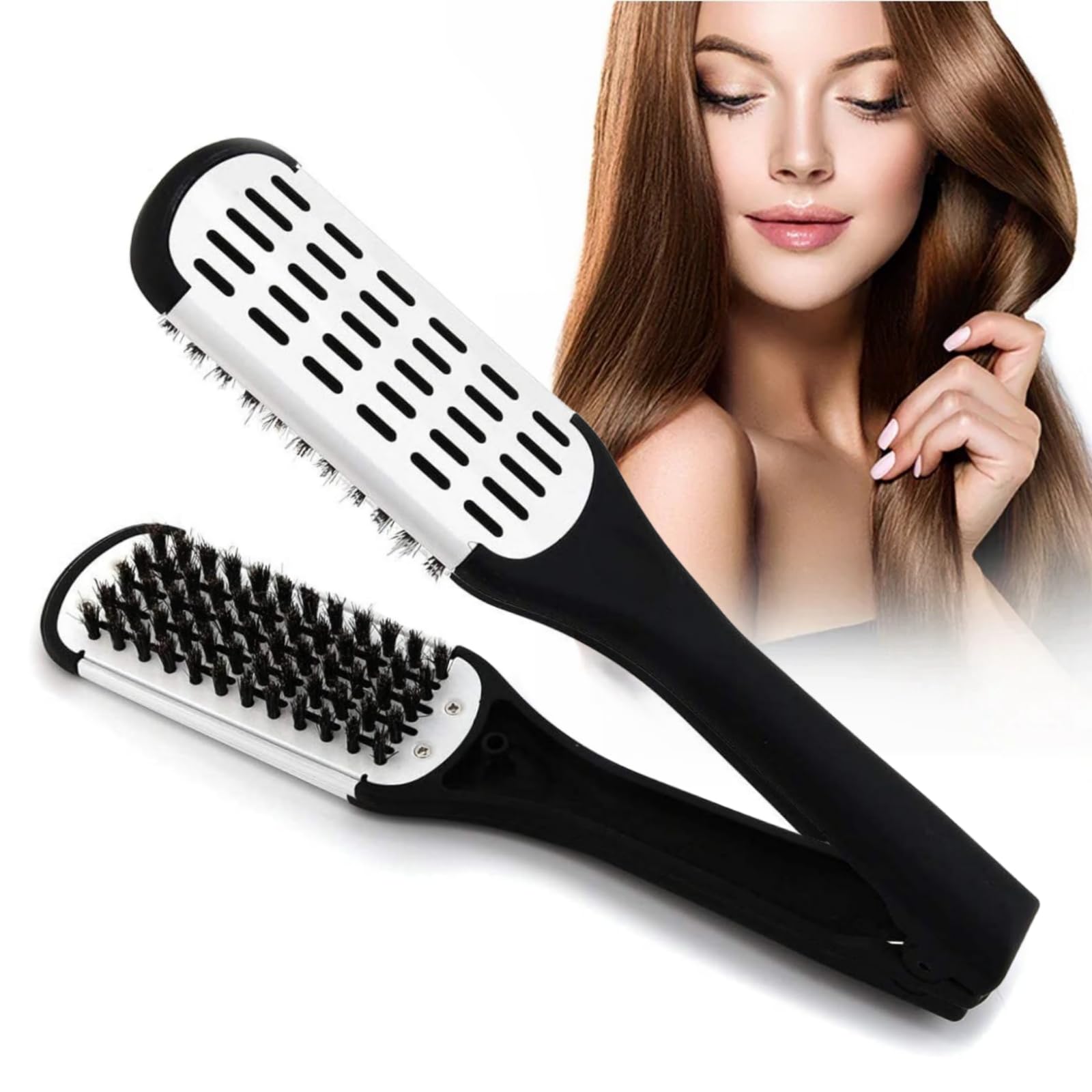 HuYiGGZ Hair Straightening Brush Double-Sided Clamp Bristle Styling Tool Hair Straightener Smoothing Brush Portable Hair Styling Comb for Home Travel