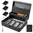 Polspag Cash Box with Combination Code, Locking Cash Boxes with Security Cable & Coin Tray, Deluxe Metal Money Box,Large Locking Cash Box, Black(Black-Combination)