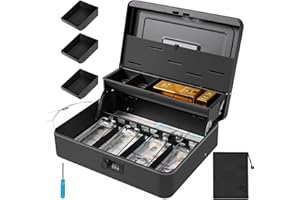 Polspag Cash Box with Combination Code, Locking Cash Boxes with Security Cable & Coin Tray, Deluxe Metal Money Box,Large Locking Cash Box, Black(Black-Combination)