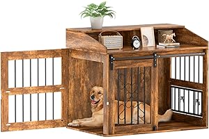 APRILSOUL Large Dog Crate Furniture, 40” Heavy Duty Dog Crate with Sliding Barn Door, Dog Kennel Furniture Style House, Wooden Decorative Pet House End Side Table, Chew-Resistant, Rustic