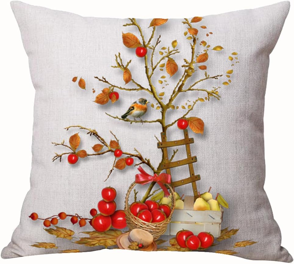 Autumn Happy Fall Y'all Harvest Pumpkin Maple Fall Leaves Apple Pear Bird Tree Cotton Linen Throw Pillow Cover Cushion Case Home Chair Office Decorative Square 18 X 18 inches
