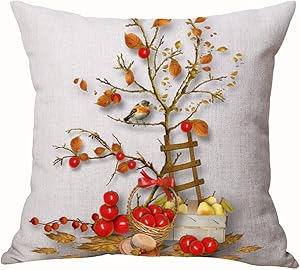 Autumn Happy Fall Y'all Harvest Pumpkin Maple Fall Leaves Apple Pear Bird Tree Cotton Linen Throw Pillow Cover Cushion Case Home Chair Office Decorative Square 18 X 18 inches
