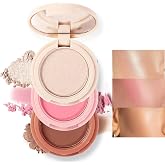 3-in-1 Blendable Trio, Contour and Highlight Blush Makeup Palette, Cream Bronzer, Silky Smooth Powder Blush, Shimmer Highlighter Makeup Powder, Travel-Friendly Stackable Make Up Kit with Mirror(01)