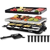 TAMARIT Raclette Grill with Extra Stone Plate, Indoor Electric Table Grill | Dual grill: reversible cast Aluminum plate and granite stone plate, 8 nonstick cheese trays, 1500W, for family parties