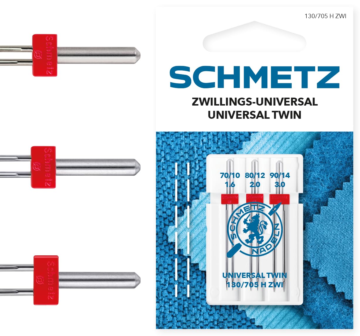 SCHMETZ | 3 Sewing Machine Needle | Universal Twin | 130/705 H ZWI SORT. THS | Size 1.6/70, 2.0/80 und 3.0/90