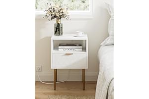 AEPOALUA Nightstand with Charging Station,Small Bedside Table with Drawer and Shelf,White Night Stand,End Table with Gold Frame,Bedside Furniture,Drawer Dresser for Bedroom,Living Room,Diamond
