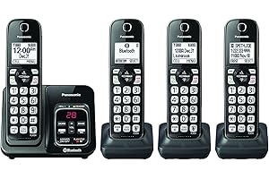 PANASONIC Expandable Cordless Phone System with Link2Cell Bluetooth, Voice Assistant, Answering Machine and Call Blocking - 4 Cordless Handsets - KX-TGD564M (Metallic Black)