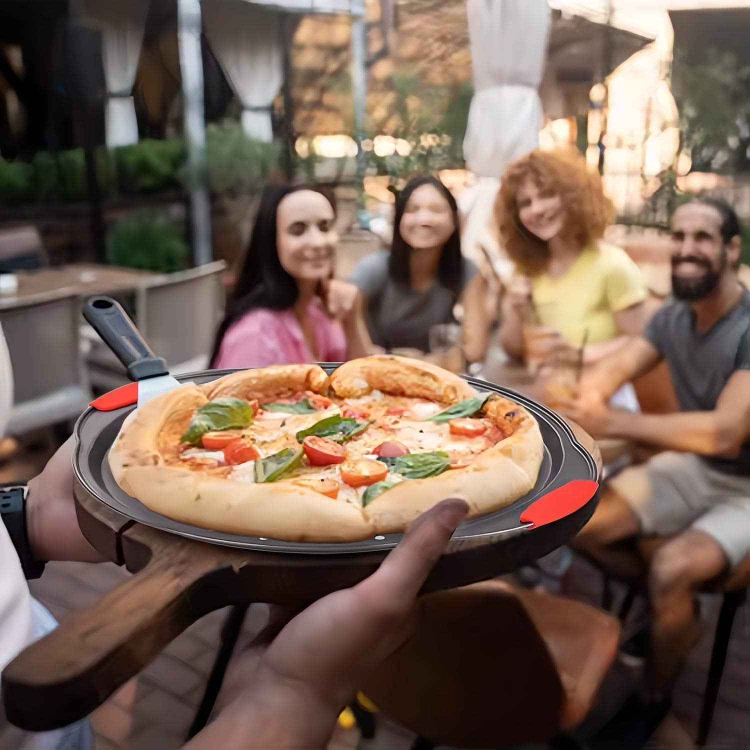 13 Inch Pizza Pan for Oven (2 Pack) Round Pizza Pan with Holes - Non-Stick Carbon Steel Pizza Tray with Silicone Handles - for Cooking, Baking, and Grilling - Dishwasher Safe