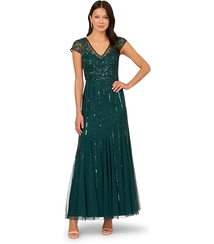 Adrianna Papell Women's Beaded Mesh Illusion Dress, Gem Green, 12 : Clothing, Shoes & Jewelry