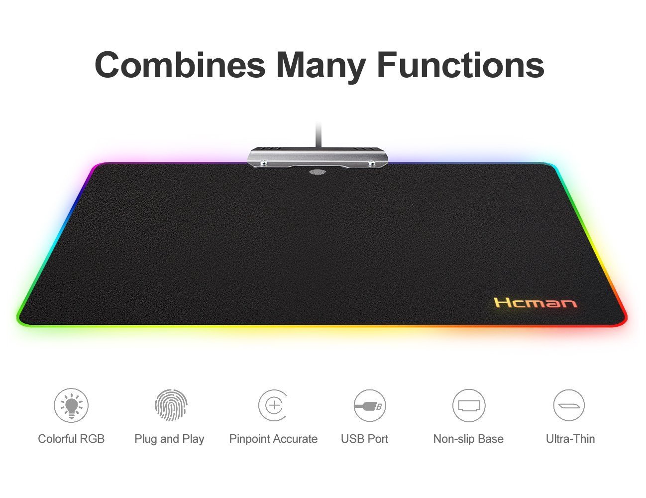 LED RGB Gaming Mouse Pad - Hcman Comfortable Lighting Hard USB Wired Colorful Waterproof Mice Mat for Computer PC & Mac Gamers (Black)