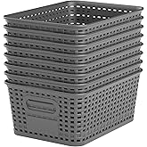 Wrrlors Gray Plastic Storage Baskets - Pack of 8 with Labels Stackable Durable Storage Bins, Storage Containers for Organizing Desks, Closets, Playrooms, Classrooms, Offices