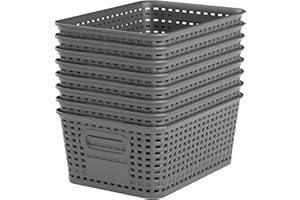 WRRLORS Gray Plastic Storage Baskets - Pack of 8 with Labels Stackable Durable Storage Bins, Storage Containers for Organizing Desks, Closets, Playrooms, Classrooms, Offices