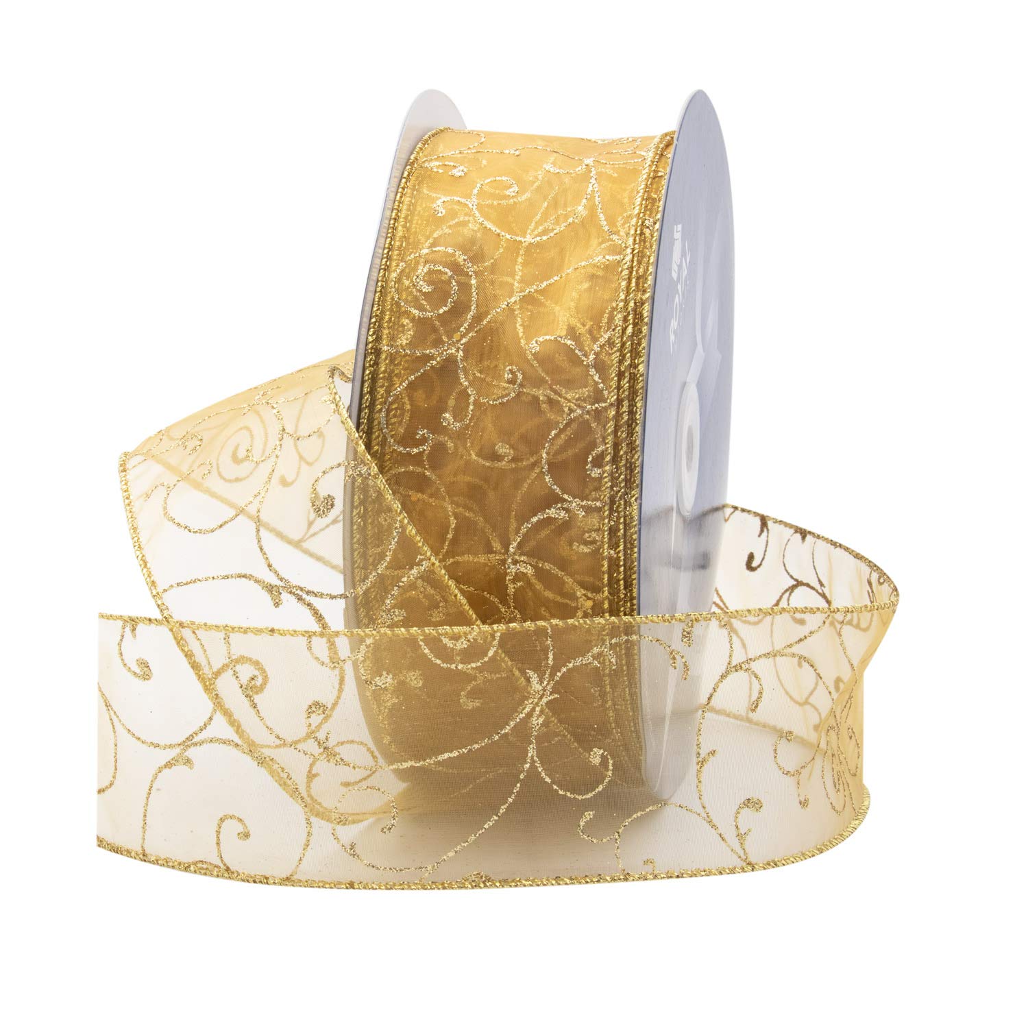 Royal Imports Gold Organza Glitter Wired Sheer Ribbon - Gold Edge, 2.5" (#40) Swirl Design for Floral, Craft, Holiday Decoration, 50 Yard Roll (150 FT Spool) Bulk