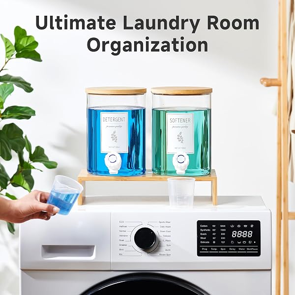 GLASS LAUNDRY DETERGENT DISPENSER WITH SHELF & BAMBOO LID – 120 OZ LIQUID DETERGENT, LAUNDRY SOAP & FABRIC SOFTENER DISPENSER FOR LAUNDRY ROOM ORGANIZATION AND STORAGE WITH 2 CUPS & 8 LABELS