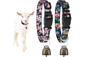 GINDOOR 2 Pack Goat Collars with Bells Sheep Grazing Copper Bells and Adjustable Nylon Collar Set Pet Anti-Lost Loud Bronze Bell for Farm Animal Sheep Goat Cow Accessories (Black Printed)