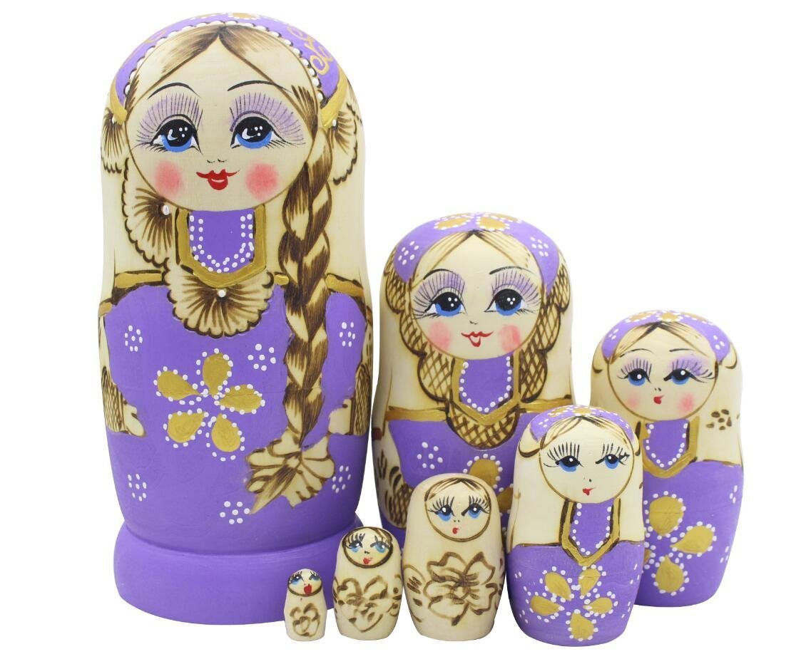 Winterworm Set 7 Pcs Long Braids Girl Purple Matryoshka Dolls Babushka Doll Traditional Russian Nesting Dolls Wooden Stacking Toy Kids Gift