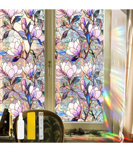 Purple Floral Window Privacy Film - Static Cling No Glue, UV & Heat Blocking, Easy Install (24x36 Inch) - View #3