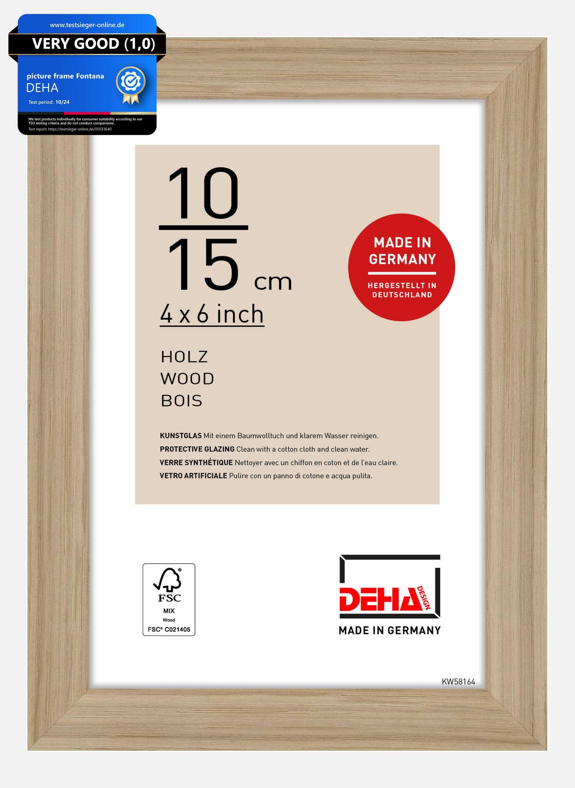 DEHA Design Fontana Wooden Picture Frame - 10x15 cm (4x6 in) – Oak - with Synthetic Glass and Push/Turn Clips