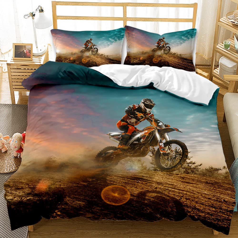 AOXHFNV 3D Motorcycle Duvet Cover Motocross Bedding Set Motorcycle Racing Duvet Cover with Pillow Case for Teenager Extreme Sports (200 x 200cm, Red)