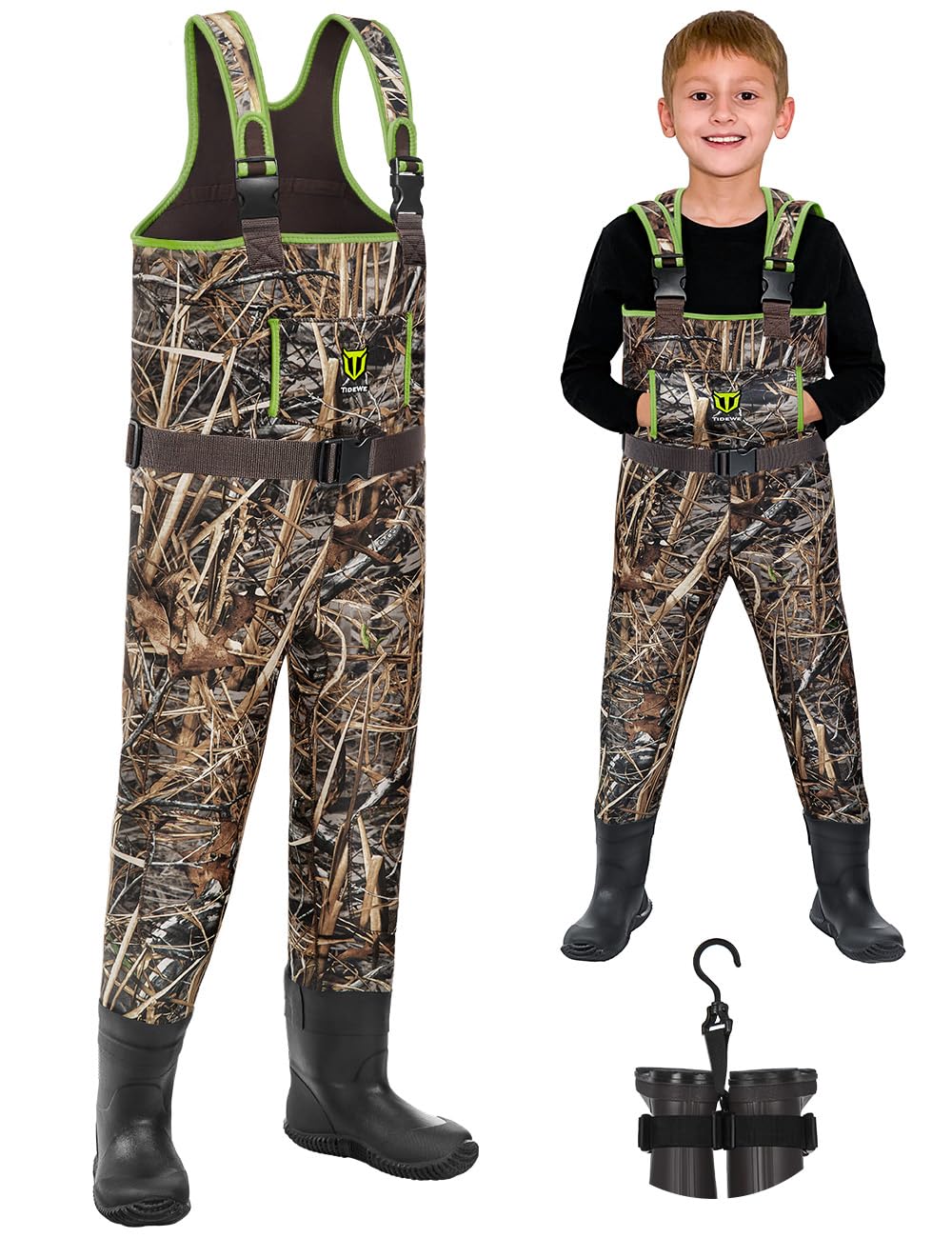 TIDEWE Chest Waders for Toddler & Children, Neoprene Waterproof Insulated Hunting & Fishing Youth Waders for Boy and Girl, Cleated Bootfoot Kids Wader, Next Camo Evos Green (Size 3T) Image