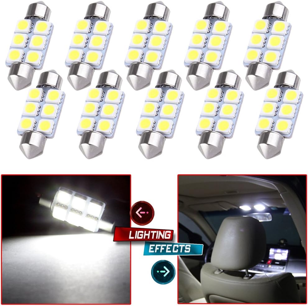 cciyu 10x Super White LED 5050 6SMD Bulbs 36MM Epistar Light Lamp DE3423 DE3425 C5W 3423 Replacement fit for 2007 2008 2009 2010 Kia Optima Dome Light Trunk/Cargo Area Light