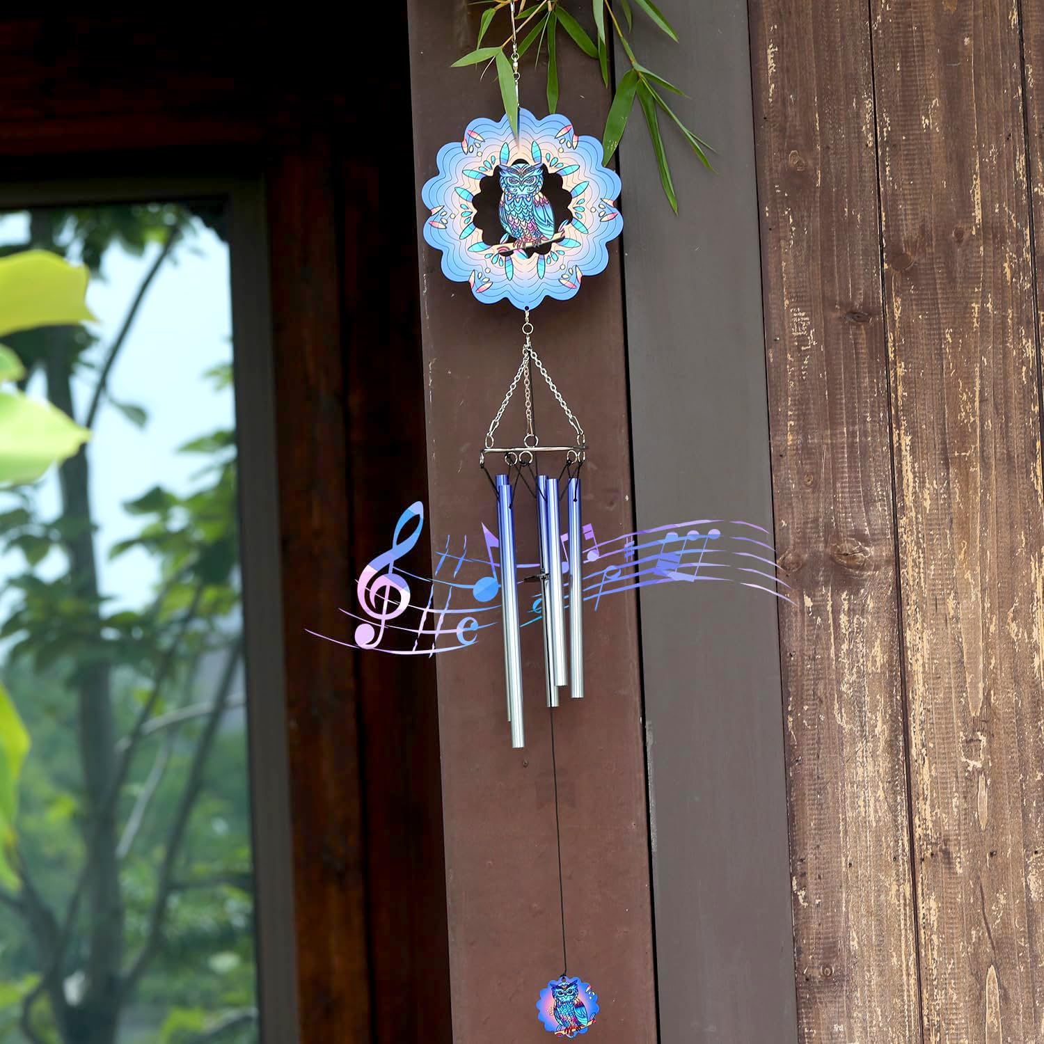 Owl Wind Chime for Outdoor with Wind Spinners, Hanging Decoration for Outdoor Garden Patio Backyard Porch Unique Wind Chime Gifts for Women and Retired Moms, Blue Owl