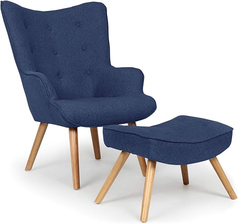 Menzzo Fauteuil Scandinave Bleu Avec Pouf Repose Pied Salon Revêtement Tissu Pieds En Bois Assise Moelleuse Et Confortable Modèle Lylou L64