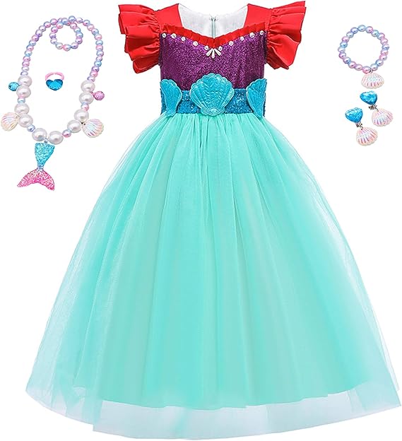 Amazon Hnokle プリンセス ドレス アリエル 人魚姫 マーメイド 子供 女の子 ワンピース 蝶結び なりきり コスプレ 誕生日 変装 舞台服 クリスマス ハロウィーン プレゼント 5点セット キッズコスチューム おもちゃ