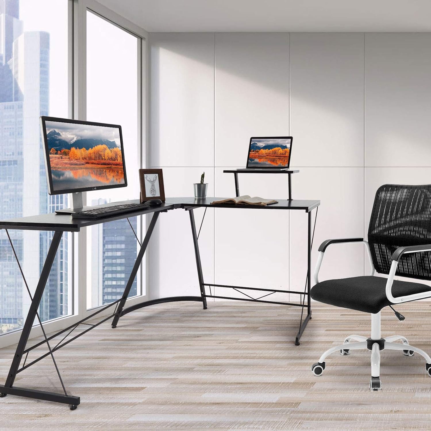 SERWALL L-Shaped Corner Desk 50.8" Computer Gaming Desk PC Table with Monitor Stand, Home Office Writing Workstation with Small Table, Space Saving- Brown: Kitchen & Dining