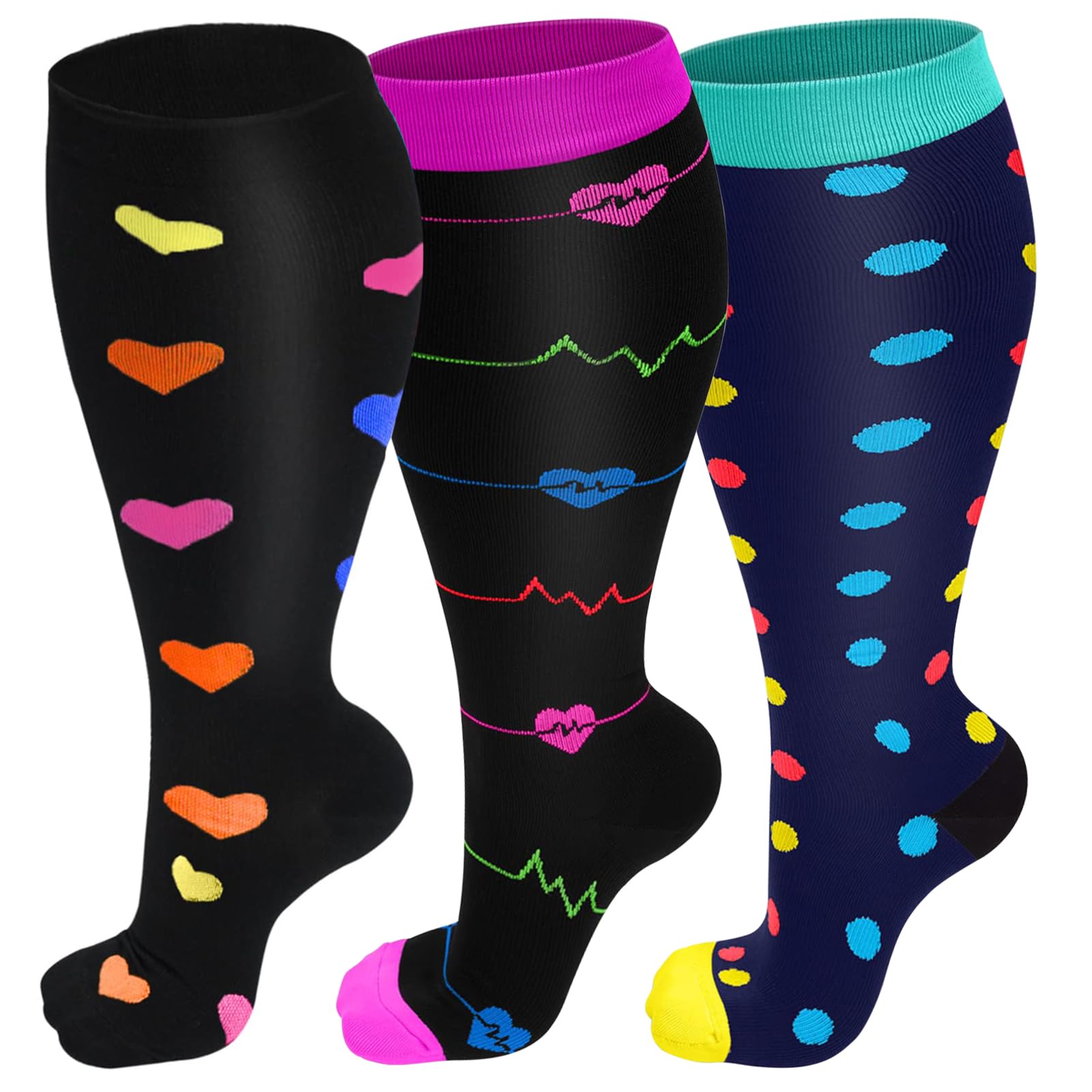 3 Pairs Plus Size Compression Socks (20-30 mmHg) for Women & Men, Wide Calf Extra Large Calves Knee High Flight Stockings for Pregnancy, Nurses, Seniors, 4XL