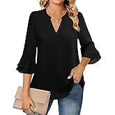 Lotusmile Womens Tops Dressy Casual 3/4 Tiered Bell Sleeve Blouses Double Layered Chiffon Work Tunic Shirts