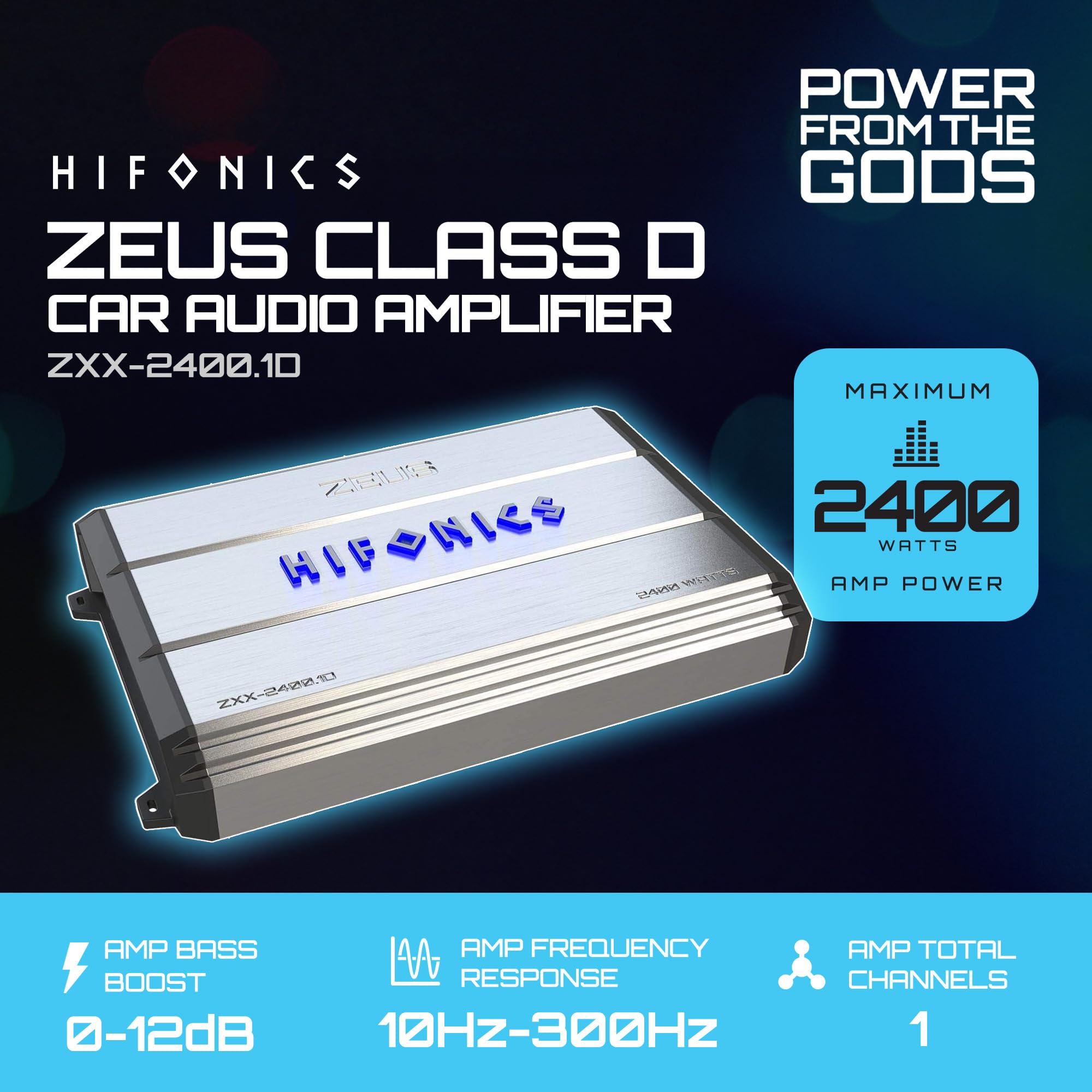 Hifonics Zeus ZXX 2400 Watt Max Class D Monoblock Car Audio Amplifier Amp with Bass Knob and Remote, Variable Crossovers, ZXX-2400.1D, Silver