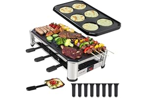 TAMARIT 8-Person Raclette Grill, Electric Party Griddle with Nonstick Grill and Crepe Plates, 8 Pans and Spatulas, 1500W (Ind