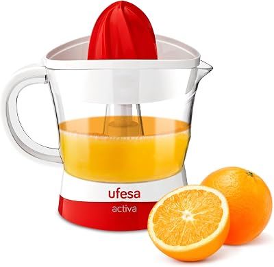 Espremedor elétrico ufesa ex4936 para frutas cítricas e laranjas, 25 w, 0,7 litros, plástico, branco/vermelho