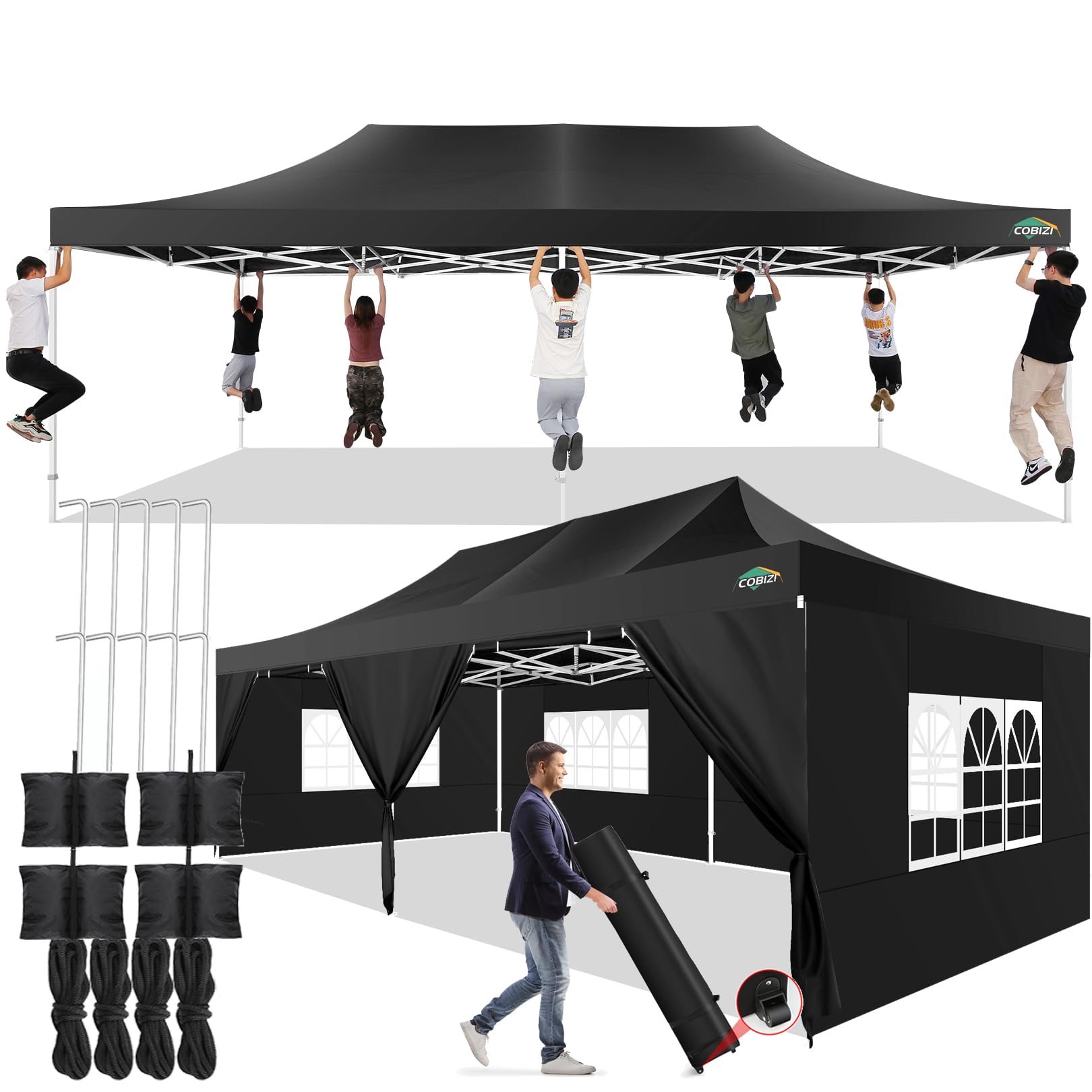 Photo 1 of ***(PARTS ONLY -MISSING CANOPY TOP)*** 
COBIZI 13x26 Pop up Tent 13x26 Commercial Tent for Parties Outdoor Tent Garden Gazebo Tent, (13x26ft, White)  ***(BOX RIPPED/TORN)***